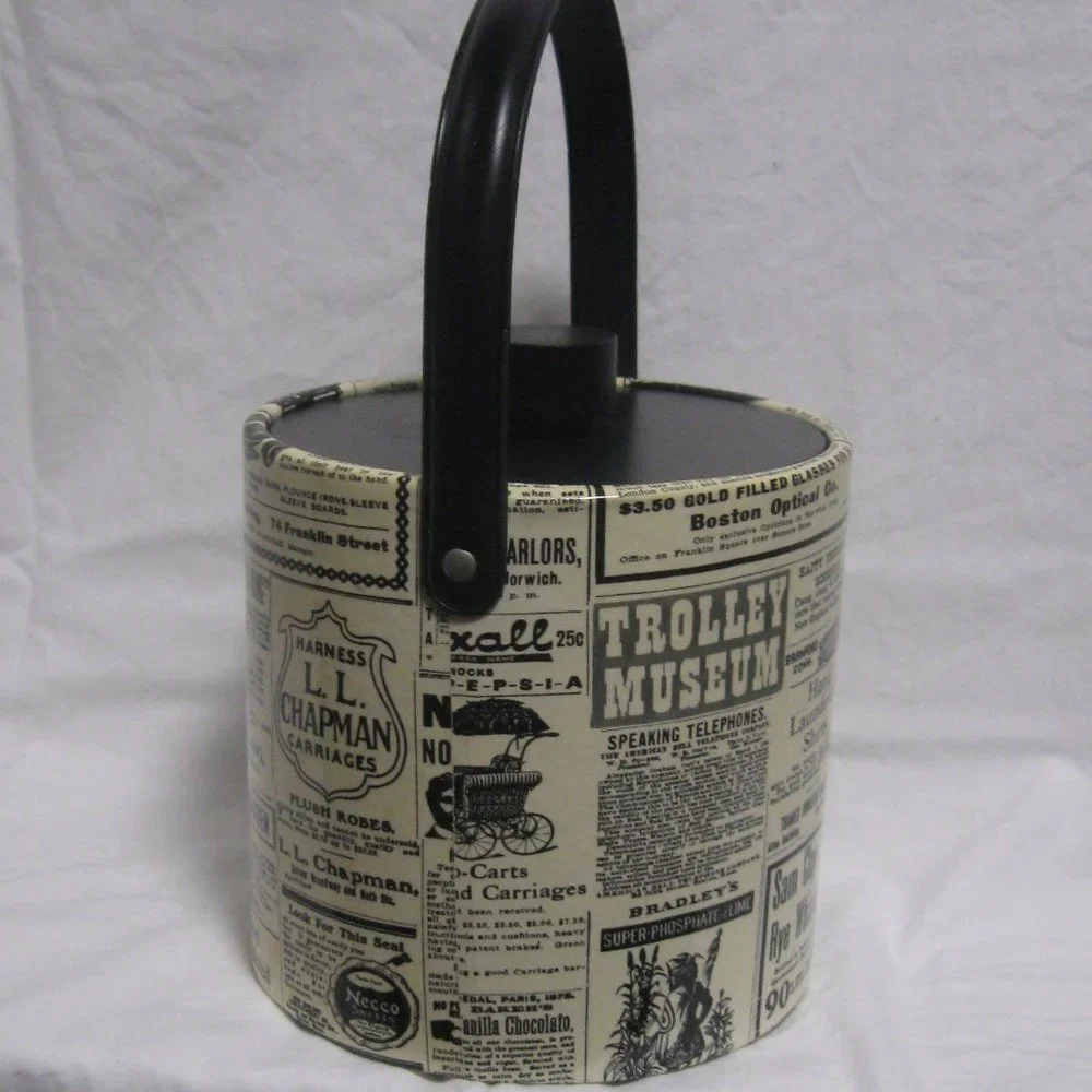 Vintage 70s Ice Bucket Retro Newspaper Advertising Print Barware Insulated